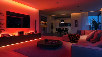 Home theater in the living room with neon lighting. - obrazy, fototapety, plakaty
