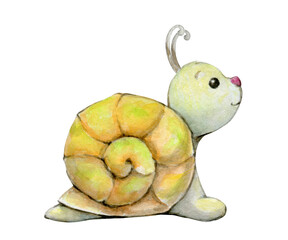 Cute Watercolor Snail: Adorable Illustration of a Tiny Gastropod. Baby clipart on an isolated background.