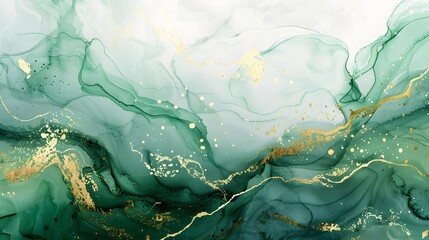 Abstract green marble texture with gold splashes, emerald luxury background