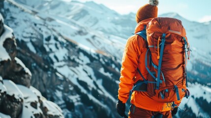 Man Trekking through Winter Mountains in Bright Orange Softshell Jacket and Backpack - Adventure