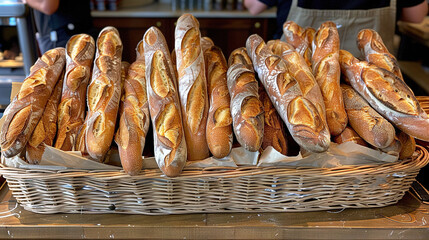   A group of loaves resting in a woven basket on a counter alongside more bread - Powered by Adobe