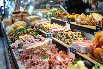 Obraz premium A variety of meats and breads displayed on a deli counter in a store, A deli counter showcasing an array of prepared foods