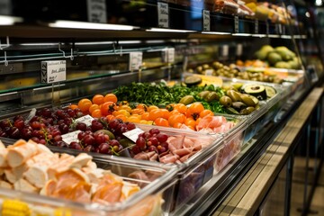 Display in grocery store with various fresh fruits and vegetables available for purchase, A deli counter showcasing an array of prepared foods