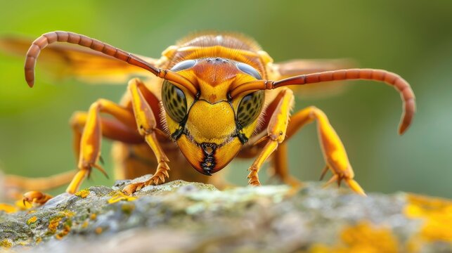 Macro photograph of a yellow Vespa Mandarinia Japonica resting in the wild.nature
