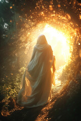 Person in a white linen robe with hood walking through a tunnel to a golden light
