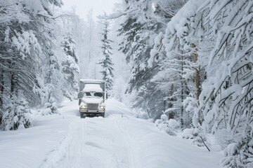 A delivery truck maneuvers through a snowy road during winter, A delivery truck making its way through a snow-covered forest - Powered by Adobe