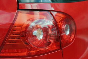 Close up view of a red cars taillight. Rear lamp is made up of multiple sections including circular...