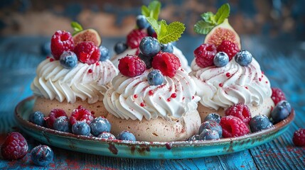   A plate of desserts with whipped cream, berries, and raspberries on top