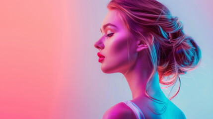 Obraz premium Profile portrait of young pretty girl in neon light. Concept of youth, emotions, beauty, lifestyle