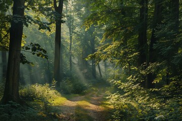 Fototapeta premium A path meanders through a dense forest, surrounded by tall trees and dappled sunlight, A dense forest with dappled sunlight filtering through the trees onto the path