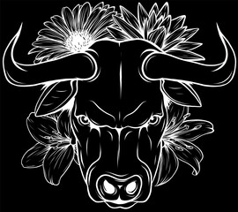 white silhouette of head bull with flower vector illustration on black background. digital hand draw