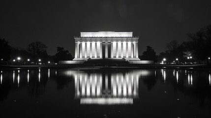 Obraz premium Night in town: Illuminated Historical Building with Water Reflections