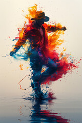 Man with hat dancing with ethereal coloured paint exploding from his body