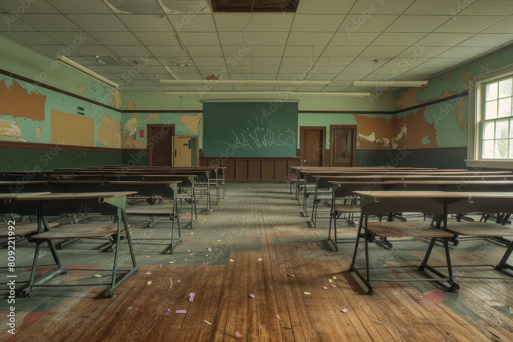 Poster an unoccupied classroom with numerous desks arranged in rows and a chalkboard at the front, a desert