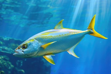 Kingfish in their Majestic Habitat - Yellowtail Swims Effortlessly through the Blue Underwater World