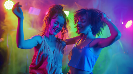 Two young beautiful girls on gradient pink purple neon disco background.