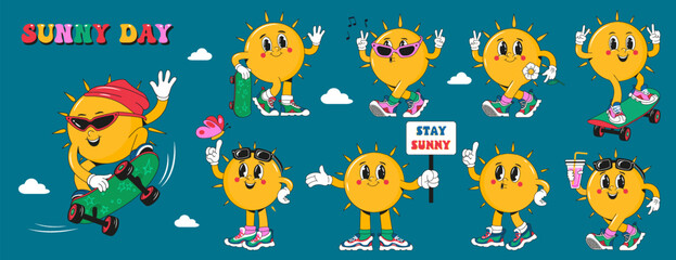 Character Sun in various poses and angles. The sun in stylish shoes with a face, legs and arms for your designs. Sticker, print, poster.Set on blue background.Vector design