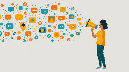 Amplifying Social Media Presence: Man with Megaphone Among Digital Icons