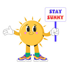 Sun with a face, wearing stylish sneakers and holding a sign 
