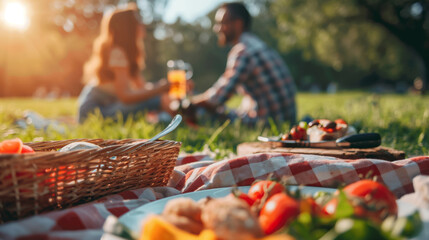 Couple having picnic together in the park, summertime. Young people enjoying nice time in the nature with nice meal.