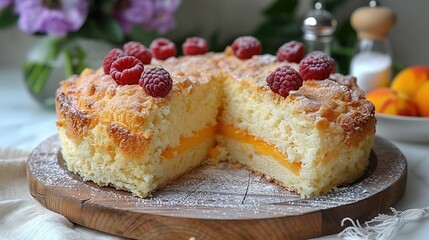   A cake with a slice cut out, topped with raspberries and a bowl of fruit in the back