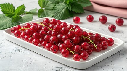   A cherry close-up on a table with leaves and a cloth background