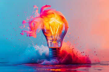 Lightbulb eureka moment with Impactful and inspiring artistic colourful explosion of paint energy	