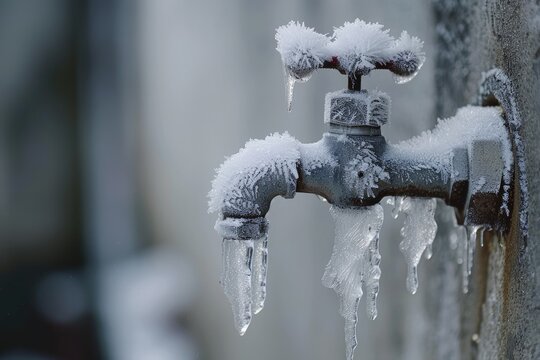 Frosty Metal: Shiny Frozen Faucet in Winter, Covered in Fresh Snow Hangs Against a White and Snowy