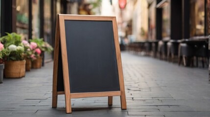 Signboard on the street. Empty menu board stand. Restaurant sidewalk chalkboard sign board. Freestanding A-frame blackboard near flower shop ur cafe. Copyspace for text