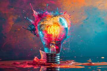 Lightbulb eureka moment with Impactful and inspiring artistic colourful explosion of paint energy	
