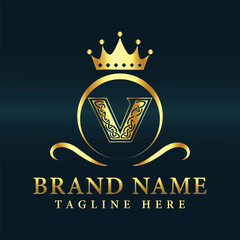 Royal Letter V Luxury Crown Logo Design Vector Illustration.