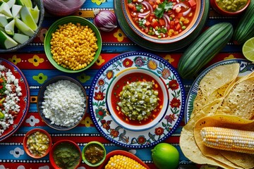 A table full of Mexican food with a variety of dishes and bowls - Powered by Adobe