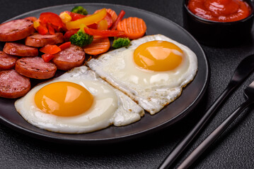 Delicious nutritious breakfast with fried eggs, sausage, steamed vegetables