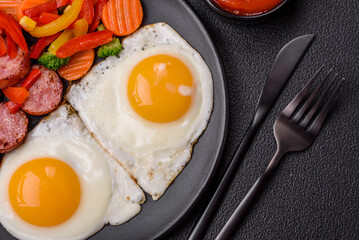 Delicious nutritious breakfast with fried eggs, sausage, steamed vegetables
