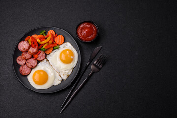 Delicious nutritious breakfast with fried eggs, sausage, steamed vegetables