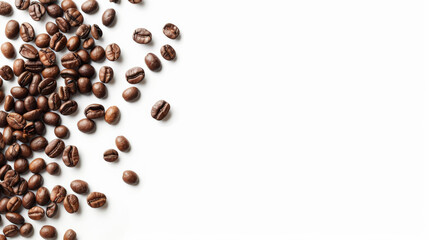 Top view of scattered coffee beans, isolated on a white background with space for text 