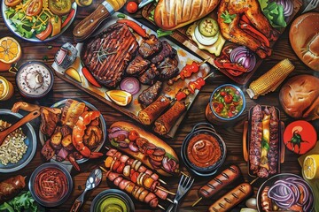 A detailed painting showcasing a table brimming with a variety of delicious food items, A detailed...