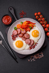 Delicious nutritious breakfast with fried eggs, sausage, steamed vegetables
