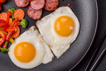 Delicious nutritious breakfast with fried eggs, sausage, steamed vegetables