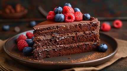  A chocolate cake with raspberries and blueberries on top, on a plate with a napkin