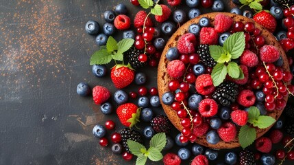   A cake featuring raspberries, blueberries, and mint leaves atop a black background