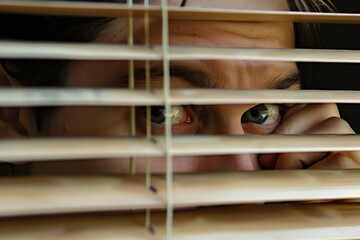 Fearful Man Spying Through Blinds with Suspicious Head and Hands Holding Them