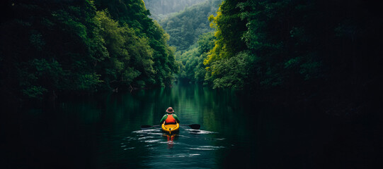 Person kayaking in a serene forest river surrounded by lush greenery. Concept of adventure, nature exploration, tranquility. Banner with copy space