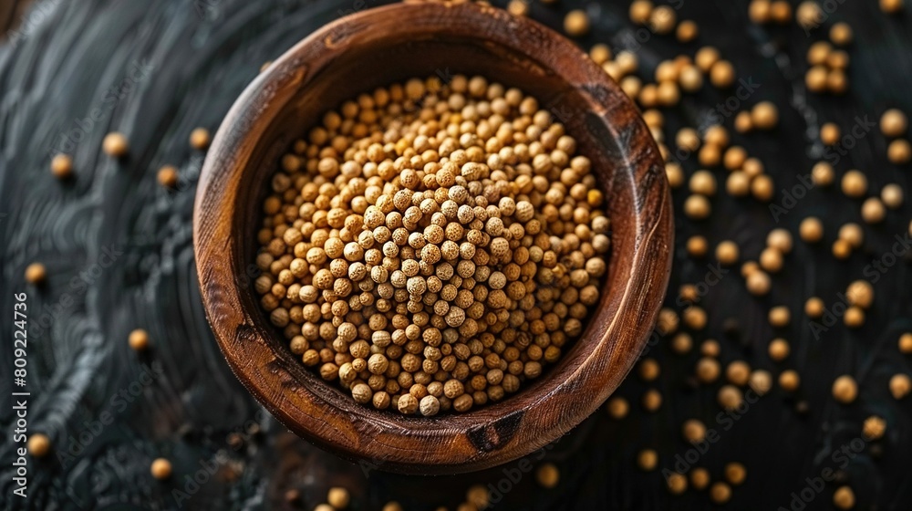 Wall mural   A bowl of yellow mustard on a black surface, surrounded by mustard