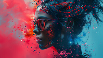 Profile portrait of a woman with red glasses and a red pink and blue smoky explosion behind her