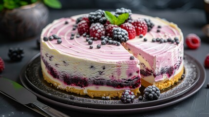   A tight shot of a cake on a plate, adorned with raspberries and blackberries atop