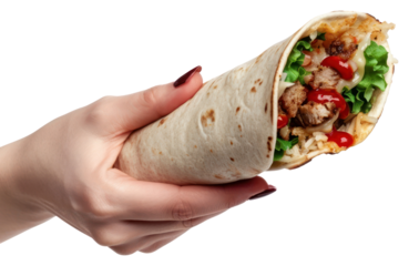 PNG Female hand holds shawarma with red sauce burrito bread food