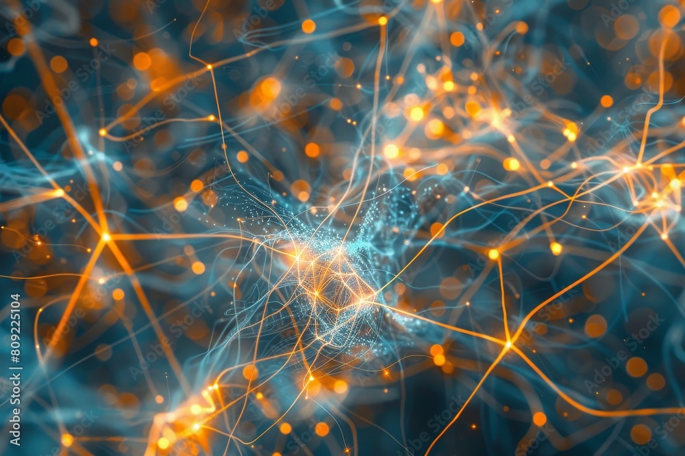 Poster Computer-generated visualization of a complex network formed by interconnecting yellow and blue lights, a digital brain visualized as a intricate web of connections and nodes