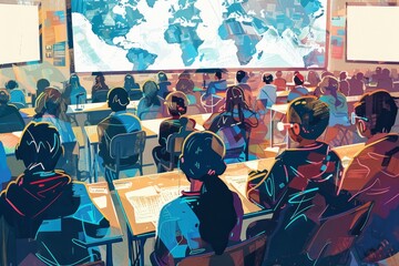 Several individuals sitting at desks in a digital classroom, facing a large projection screen, A digital classroom filled with students from around the world