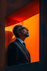 Business man in suit looking up to the right our of a doorway, with strong orange and red colour background 